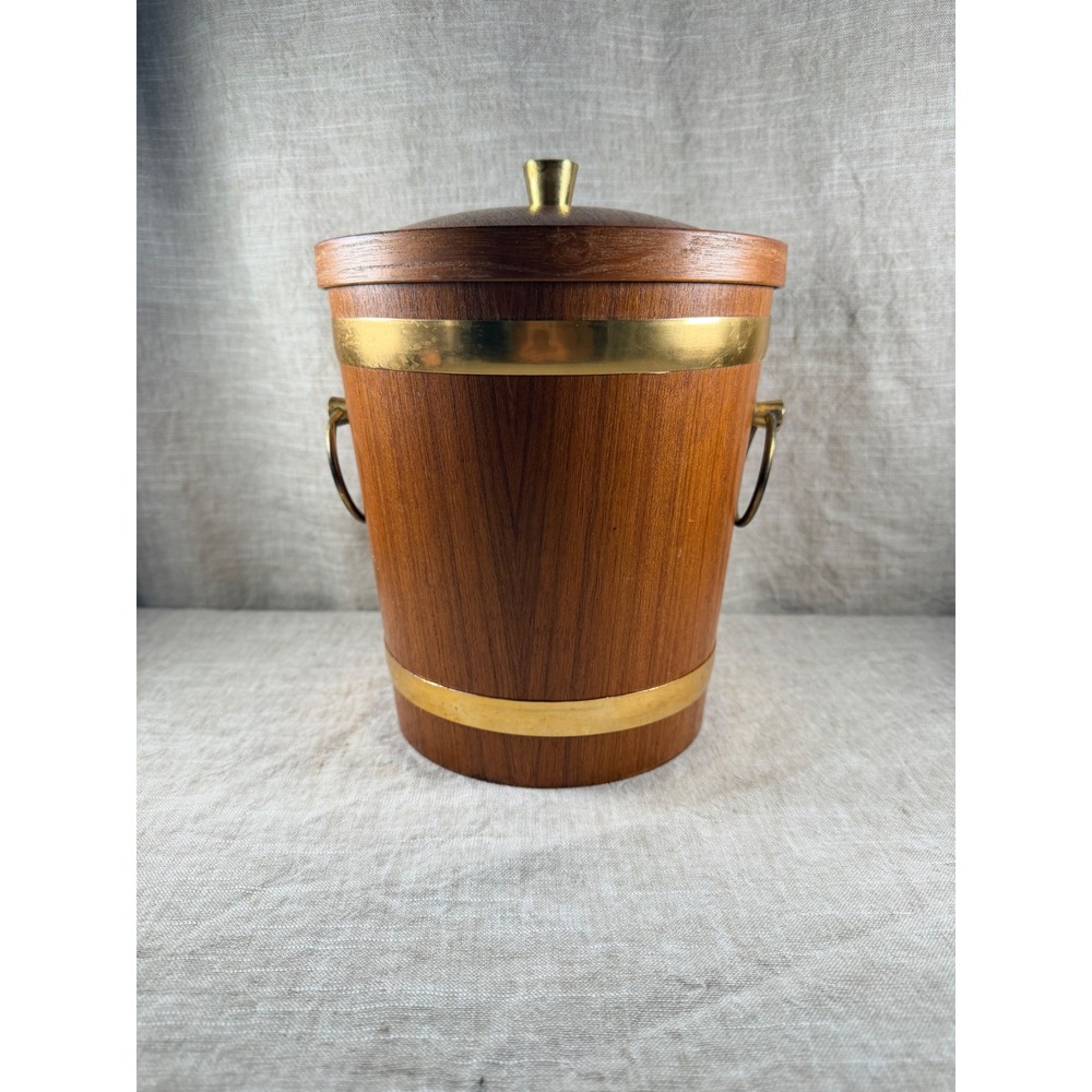 Saito Wood Japan Teak Ice Bucket Mid Century Modern Brass Trim Hand Crafted MCM